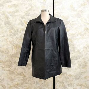 Vintage Worthington Black Leather Jacket Coat Large Zipper Long Trench